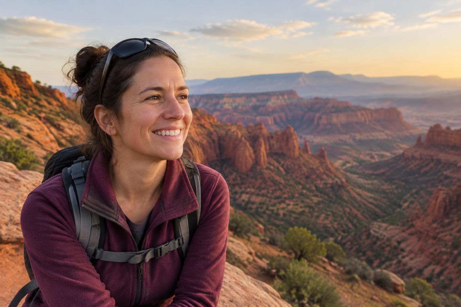 A smiling woman resting on an overlook in Utah red rock country