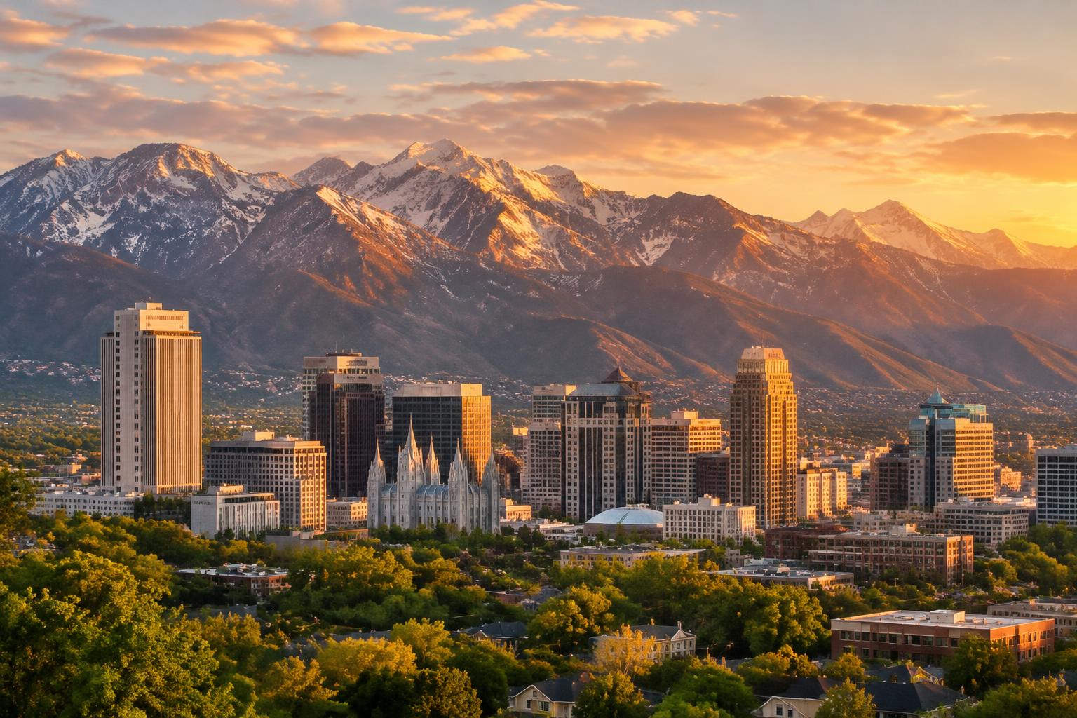 Salt Lake City skyline beneath the Wasatch Mountains at golden hour